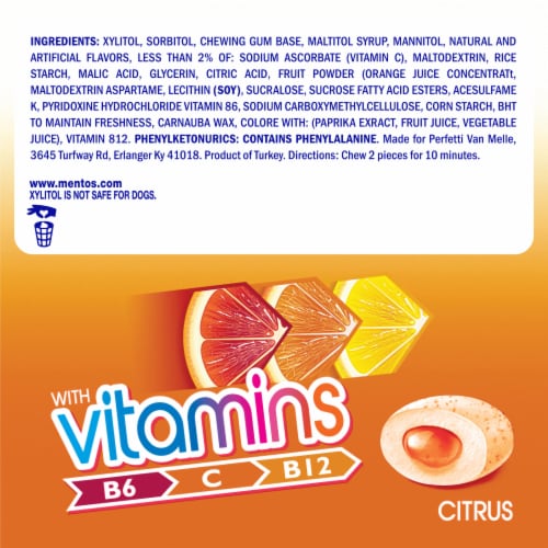 Mentos Sugar Free Citrus Flavored Chewing Gum with Vitamins Perspective: bottom