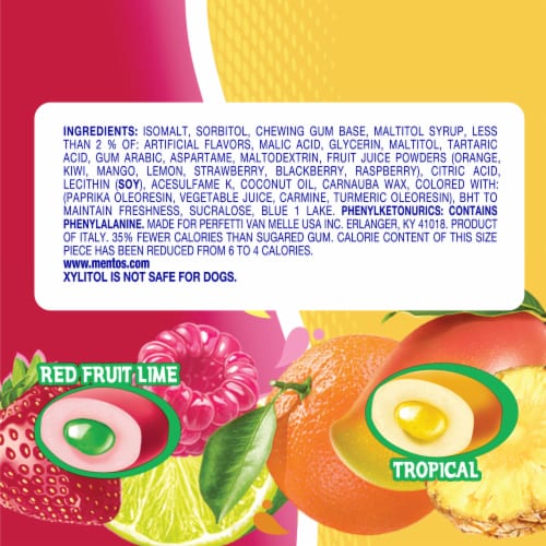 Mentos Sugar Free Red Fruit Lime Tropical Flavored Chewing Gum Perspective: bottom