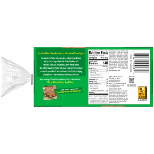Arnold Sandwich Thins 100% Whole Wheat Flax & Fiber Rolls Perspective: bottom