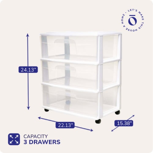 Homz Plastic 3 Clear Drawer Small Rolling Storage Container Tower, White Frame Perspective: bottom