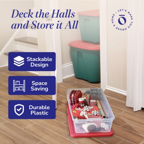 Homz 41Qt Clear Plastic Holiday Storage Container with Red Snap Lock Lid, 2 Pk Perspective: bottom