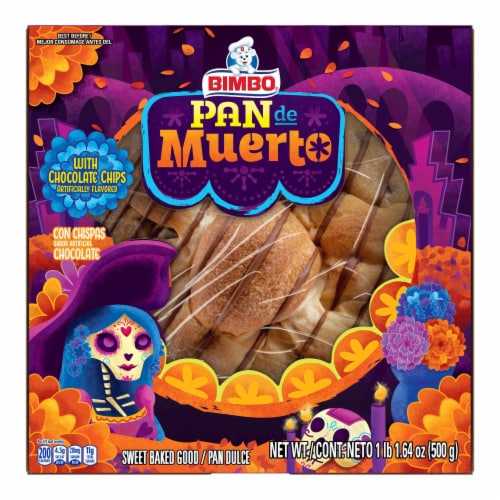 Bimbo Pan de Muerto Cinnamon & Chocolate Drizzled Sweet Bread Pan Dulce with Chocolate Chips Perspective: bottom