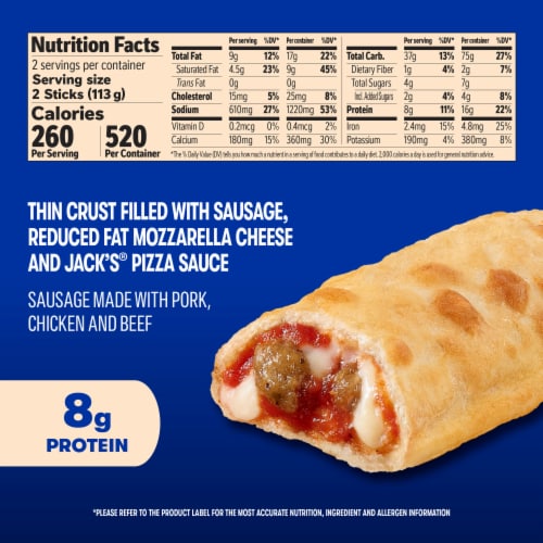 Jack’s Pull-Apart Sausage Pizza Sticks Extra Large Pizza Frozen Snack Rolls Perspective: bottom