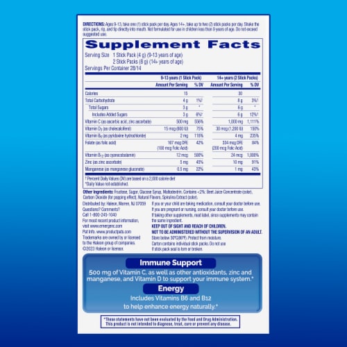 Emergen-C Immune plus On the Go Immune Support Supplement Berry Lemonade Flavored Crystals Perspective: bottom