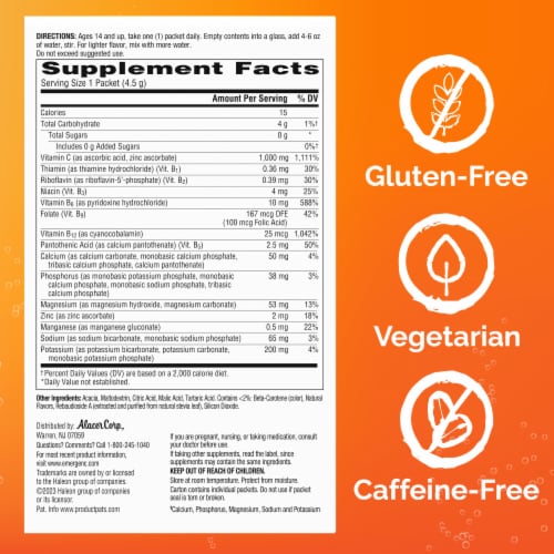 Emergen-C Zero Sugar Powder for Daily Immune Support Tropical Citrus Flavor Perspective: bottom