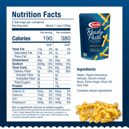 Barilla Ready Pasta Fully Cooked Non-GMO Certified Gemelli Pouch Perspective: bottom