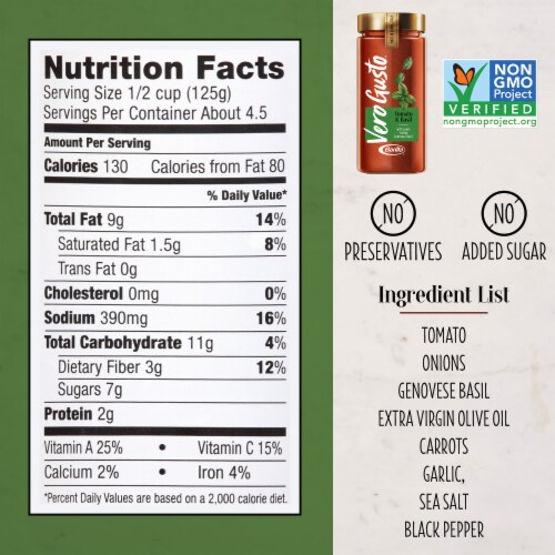 Vero Gusto Tomato & Basil Gluten Free Non-GMO & Kosher Pasta Sauce Perspective: bottom