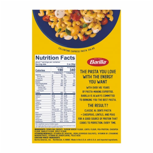 Barilla Protein+ (Plus) Cellentani Pasta Non-GMO and Kosher Certified Plant Based Protein Pasta Perspective: bottom