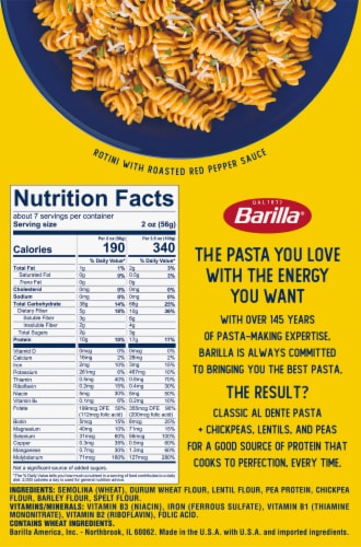 Barilla Protein+ (Plus) Rotini Pasta Non-GMO and Kosher Certified Plant Based Protein Pasta Perspective: bottom