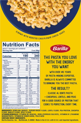 Barilla Protein+ (Plus) Elbows Pasta Non-GMO and Kosher Certified Plant Based Protein Pasta Perspective: bottom