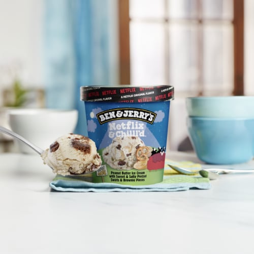 Ben & Jerry's Non-GMO Netflix and Chilll'd Peanut Butter with Pretzel and Brownies Ice Cream Perspective: bottom