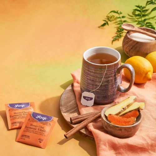 Yogi Organic Caffine Free Honey Chai Tumeric Vitality Tea Bags Perspective: bottom