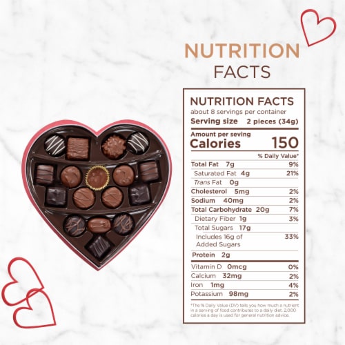 Russell Stover Assorted Milk & Dark Chocolates Red Foil Heart Valentine Candy Gift Box Perspective: bottom