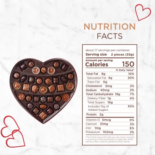 RUSSELL STOVER Valentine's Day Red Foil Heart Assorted Milk & Dark Chocolate Candy Gift Box Perspective: bottom
