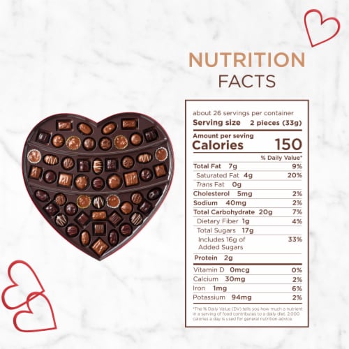 RUSSELL STOVER Valentine's Day Red Foil Heart Assorted Milk & Dark Chocolate Candy Gift Box Perspective: bottom