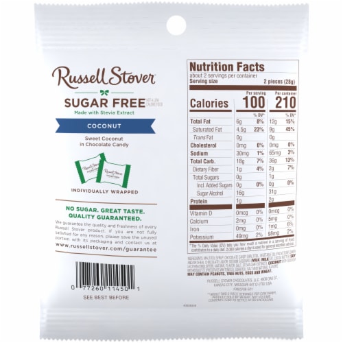 RUSSELL STOVER Sugar Free Coconut in Chocolate Candy, 2 oz bag Perspective: bottom