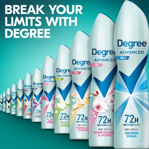 Degree Advanced Antiperspirant Deodorant Dry Spray Shower Clean Perspective: bottom