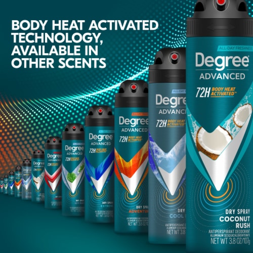 Degree Men Antiperspirant Deodorant Dry Spray Coconut Rush Men With Body Heat Activated Technology Perspective: bottom