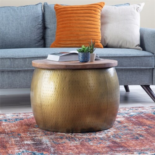 Linon Reid Metal Drum Table with Storage in Brass Perspective: bottom