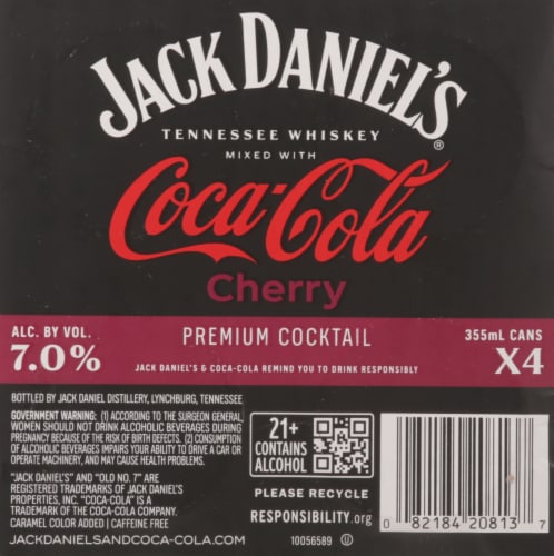 Jack Daniel's® Tennessee Whiskey Coca-Cola Cocktail Cherry Cans Perspective: bottom