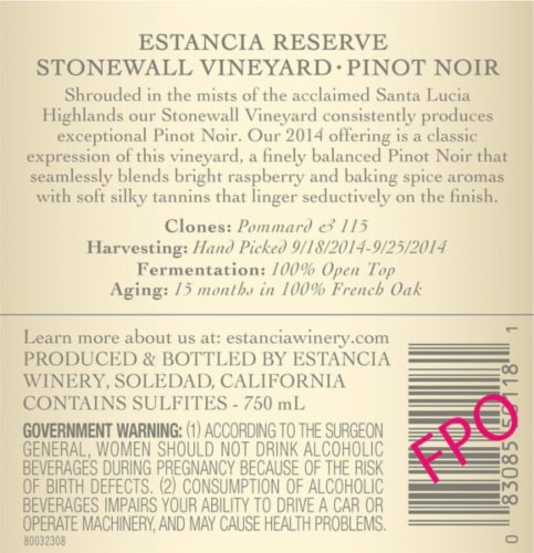 Estancia Reserve Stonewall Vineyard Pinot Noir Red Wine Perspective: bottom