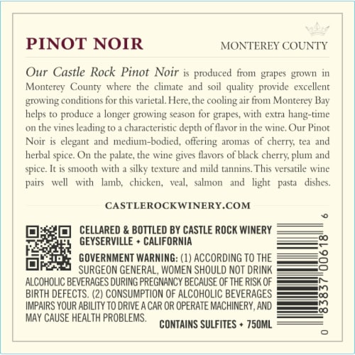 Castle Rock Montery County Pinot Noir Red Wine Perspective: bottom