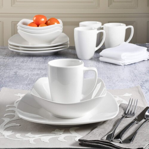 Gibson Zen Buffetware 12 Piece Square Dinnerware Plate, Bowl, & Mug Set, White Perspective: bottom