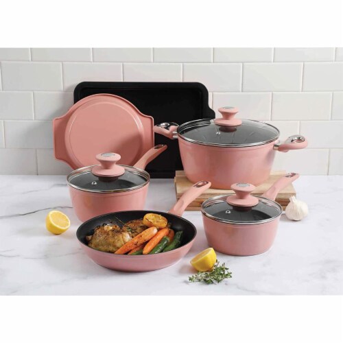 Oster 12 Piece Aluminum Non Stick Home Frying Pot & Pan Cookware Set, Dusty Rose Perspective: bottom