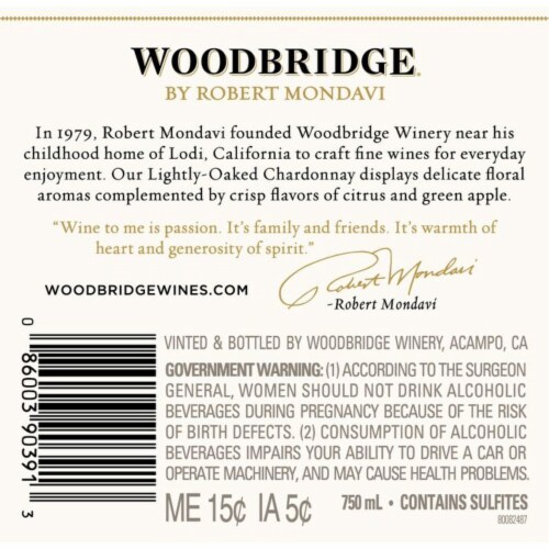 Woodbridge® by Robert Mondavi Lightly Oaked Chardonnay California White Wine Perspective: bottom