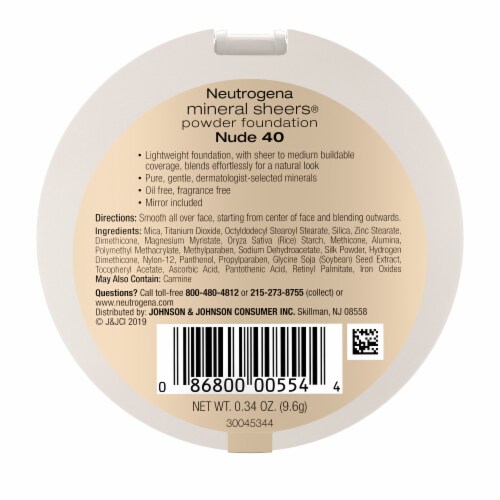 Neutrogena Mineral Sheers Compact Powder Foundation Oil-Free Mineral Fragrance-Free 40 Nude Perspective: bottom