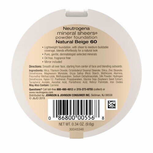 Neutrogena Mineral Sheers Compact Powder Foundation Oil-Free Fragrance-Free 60 Natural Beige Perspective: bottom