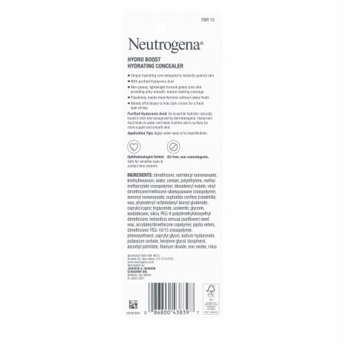 Neutrogena Hydro Boost Hydrating Concealer Stick for Dry Skin with Hyaluronic Acid 10 Fair Perspective: bottom