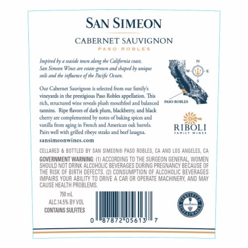 San Simeon Estate Reserve Cabernet Sauvignon California Red Wine Perspective: bottom