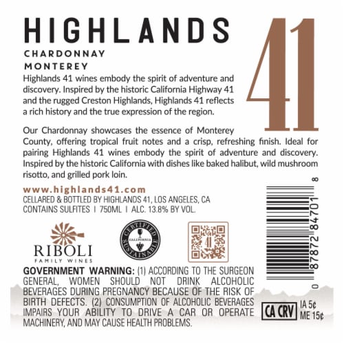 Highlands 41 Monterey Chardonnay California White Wine Perspective: bottom