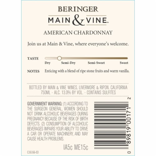 Beringer Main & Vine Chardonnay California White Wine Perspective: bottom
