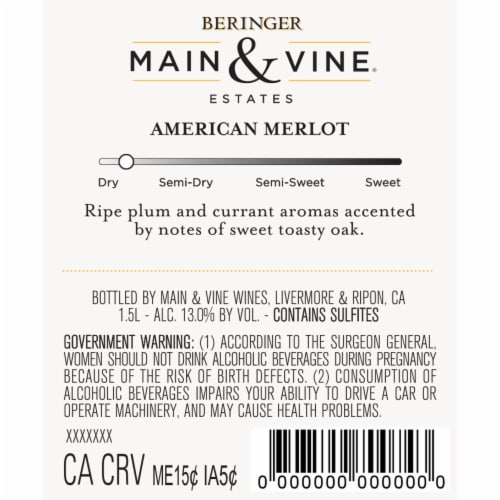 Beringer Main & Vine Merlot California Red Wine Perspective: bottom