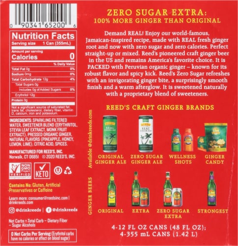 Reed's® Zero Sugar Extra Ginger Beer Cans Perspective: bottom
