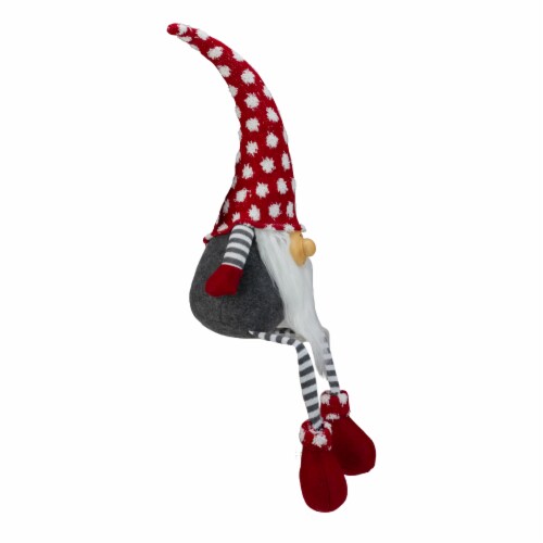 Northlight 24 Gray and Red Hanging Leg with Polka-Dot Snow Cap Smiling Gnome Perspective: bottom