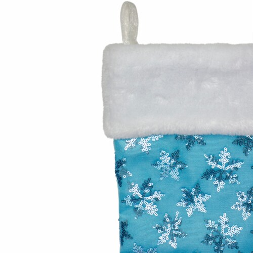 Northlight 20.5  Ice Palace Blue Sequin Snowflake Christmas Stocking with White Faux Fur Cuff Perspective: bottom