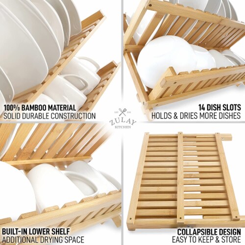 Zulay Kitchen Foldable Bamboo Dish Drying Rack - 2-Tier Perspective: bottom