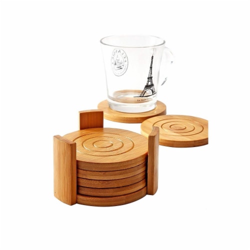 Juvale 6-Pack Round Bamboo Coasters Set with Holder -  Tan, 4.3 Inches Perspective: bottom
