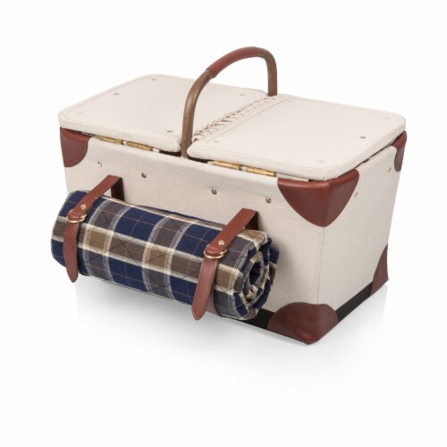 Pioneer Picnic Basket, Beige Canvas with Navy Blue & Brown Accents Perspective: bottom