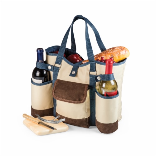 Wine Country Tote – Wine & Cheese Picnic Tote, Beige Canvas with Navy Blue & Brown Accents Perspective: bottom