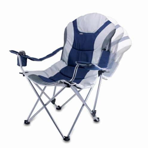 Reclining Camp Chair, Navy Blue with Gray Accents Perspective: bottom