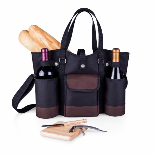 Wine Country Tote – Wine & Cheese Picnic Tote, Black with Burgundy Accents Perspective: bottom