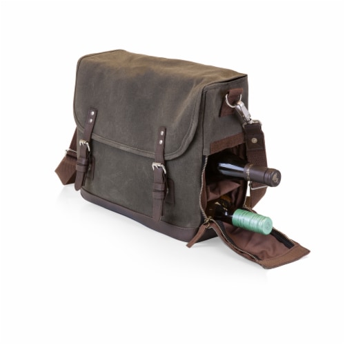 Adventure Wine Tote, Khaki Green with Brown Accents Perspective: bottom