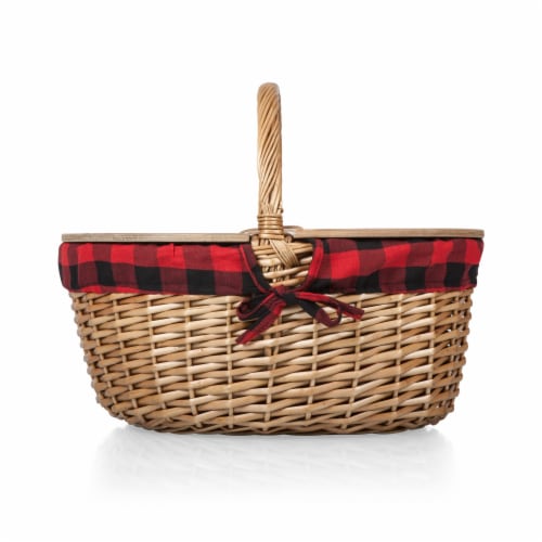 Country Picnic Basket, Red & Black Buffalo Plaid Pattern Perspective: bottom