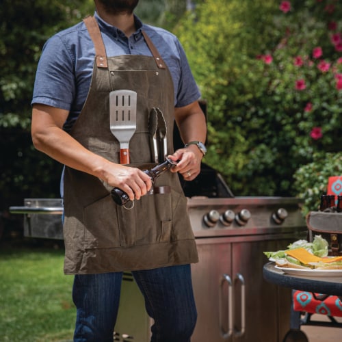 BBQ Apron with Tools & Bottle Opener, Khaki Green with Beige Accents Perspective: bottom