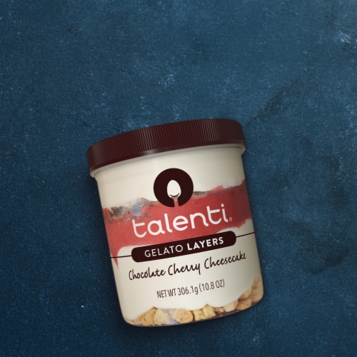 Talenti Chocolate Cherry Cheesecake Chocolate Flakes Black Cherry Sauce Graham Pieces Gelato Layers Perspective: bottom