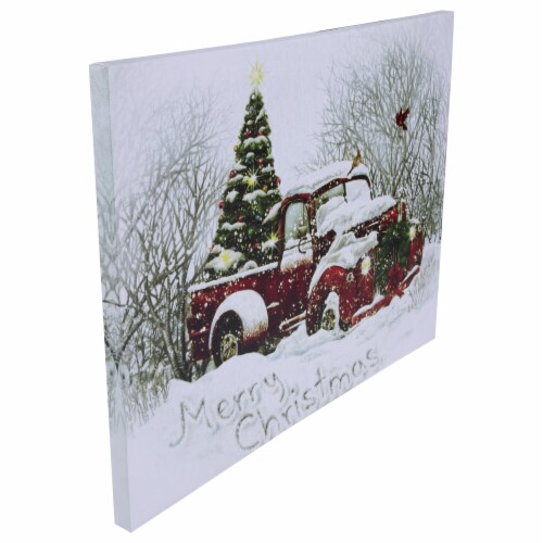 Northlight LED Lighted Fiber Optic Truck and Tree Christmas Canvas Wall Art 11.75  x 15.75 Perspective: bottom